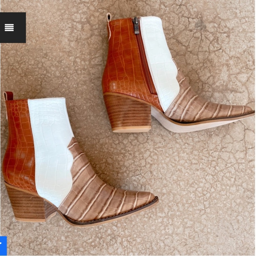 NEW. Western booties. Brown, beige, white. Croc cowgirl boots.